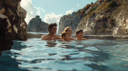 Wall Mural - A happy family has fun in a natural thermal pool.