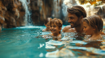 Wall Mural - A happy family has fun in a natural thermal pool.