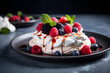Pavlova, Delicate and airy dessert with a crispy meringue shell and a soft center
