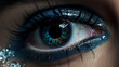 A close-up of a model's eyes, highlighting intricate eye makeup and expressive gaze.