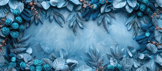 Wall Mural - Knitted background with blue foliage and garland in angora yarn