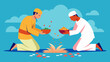  Two men kneel beside the water offering prayers and blessings as they sprinkle a handful of petals into the surface.