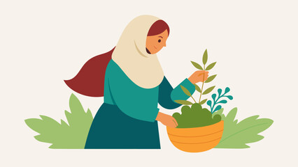  A woman with a traditional headscarf and woven basket dd over one arm is crouched down delicately plucking leaves from a plant with her other