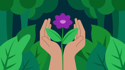  A pair of weathered hands gently hold a delicate purple flower plucked from a vibrant green plant. The background is a lush forest of trees and