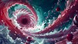 Swirling red and white fractals evoke a sense of cosmic energy