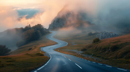 Wall Mural - beautiful view on foggy road in the mountains