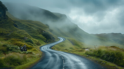 Wall Mural - beautiful view on foggy road in the mountains