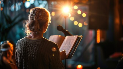 A woman is seen from behind, reading aloud into a microphone under stage lighting.