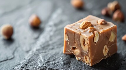 Wall Mural - A cube of hazelnut chocolate on a dark textured surface with whole hazelnuts scattered around.