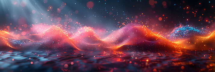 Wall Mural - this image features mesmerizing waves of glowing light particles in red and blue hues, giving a sens