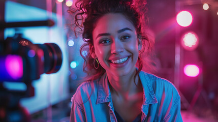 A young Caucasian influencer, creatively recording a vlog on her sofa with a ring light and mobile, sharing inspiration and connecting online.