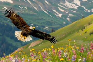 Wall Mural - eagle midflight with mountain meadow and wildflowers below
