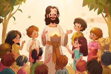 Wall Mural - Jesus Christ Teaching and Engaging with a Group of Children in a Serene Forest Setting
