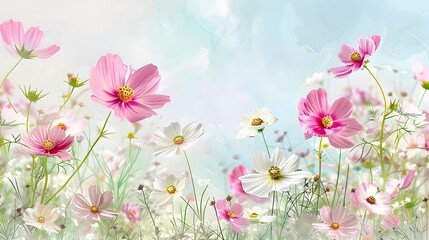 Poster - Delicate Watercolor Cosmos Flowers in Soft Pink and White Hues Forming a Serene Floral Backdrop