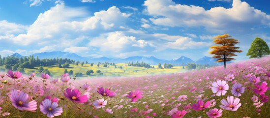 Wall Mural - A picturesque natural landscape with a field of pink flowers and a tree in the foreground, set against a backdrop of mountains under a cloudy sky