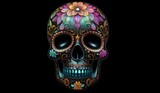 Fototapeta Zwierzęta - Iridescent day of the dead skull on a black background. AI Generated.