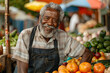Portrait of a African American Man Managing a Street Vendor Food Stand with Fresh Natural Agricultural Products. Happy Old Handsome Farmer with Grey Hair and Beard is Looking at Camera