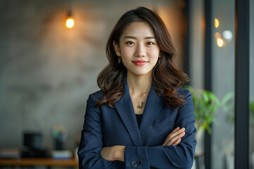 Portrait of a Confident Young Japanese Businesswoman Standing in Office in a Blue Business Suit. Successful Corporate Manager Posing for Camera with Crossed Arms, Smiling Cheerfully