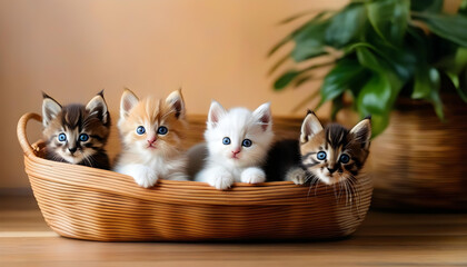 Wall Mural - Two fluffy kittens peeking out of a basket on a rustic wooden background