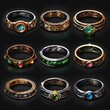 Set of multicolor gold and silver rings and bracelets with gems, precious stones.  Isolated icons for games.