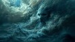 Surreal storm with a face materializing from turbulent ocean waves under a brooding sky.