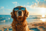 Fototapeta  - Dog in sunglasses on the beach, seaside happiness, pet sunbathing, summertime relaxation.