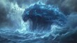 Surreal storm with a monster materializing from turbulent ocean waves under a dramatic sky.
