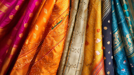 Exquisitely patterned Indian sarees showcasing the craftsmanship and luxury of traditional textile design