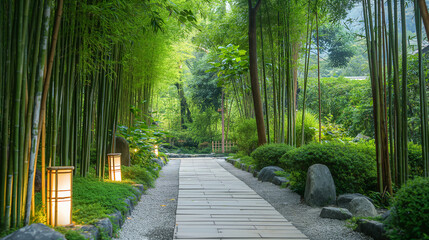 Stone walkway with the bamboo tree on beside of the walkway, lifestyle concept for living with the nature