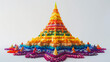 Pagoda made from sand , rows of a colorful small triangular flags and flower decorated ,Thai Buddhist Style on a white background, Songkran Festival Thailand