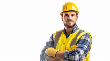 Focused Construction Worker in Safety Gear Isolated on White Background