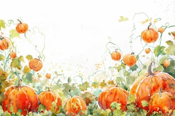 Enchanted pumpkin patch in autumn, watercolor magic on a white backdrop