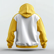 Rear view of 3d sample of white yellow hoodie on light grey backdrop.