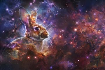Wall Mural - A mystical image of a rabbit with the overlay of a starry nebula, blending reality and fantasy