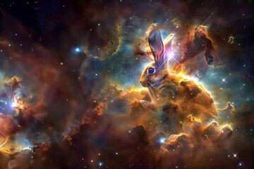 Wall Mural - A silhouette of a rabbit set against a vibrant cosmic scene creates a striking contrast in the image
