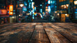Empty wooden table, with Kabuki Cho Shinjuku Blur bokeh view