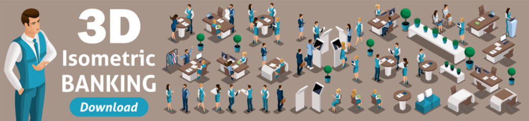 Wall Mural - large set of isometric, 3d bank employees in the banks office serve customers. issuance of loans, de