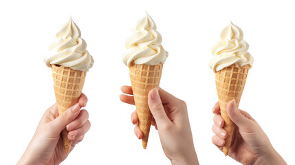 Set of Hands holding ice cream cone on transparent background.