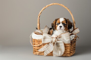 Wall Mural - wicker basket with a puppy and a bow as a surprise gift