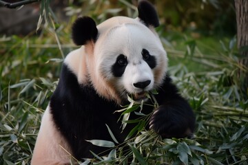 Wall Mural - panda munching bamboo, dusk light softening edges