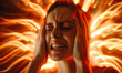 Woman suffering from strong headache pain, burnout and anxiety concept with blurry motion energy background.