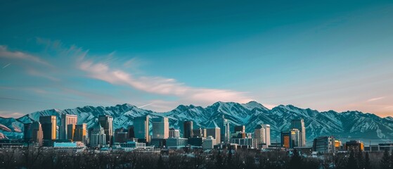 A panoramic photo of the Salt Lake City skyline with mountains in the background The sky is a beautiful clear blue Golden hour lighting Generative AI