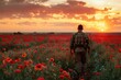 American Soldier Walking Alone In A Field Of Red Poppies Flowers In The Sunset