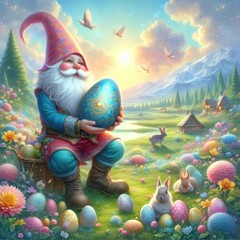 Wall Mural - gnome with egg Easter landscape