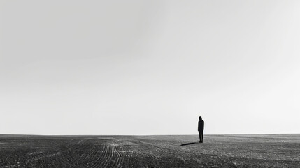 A minimalist and simple photograph capturing a solitary figure in a desolate, monochrome land