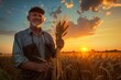portrait of a farmer with a wheat sheaf at sunset