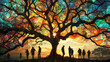 © standret - A tree with branches stained glass window style, silhouettes of people walking around