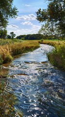 River through a meadow, sparkling water, eye level, sunny, watercolor clarity