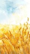 Golden wheat field, warm yellows, low angle, sunny day, watercolor simplicity