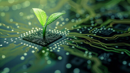 Wall Mural - A small green plant is growing on a circuit board. Concept of growth and innovation, as the plant represents the potential for new ideas and advancements in technology